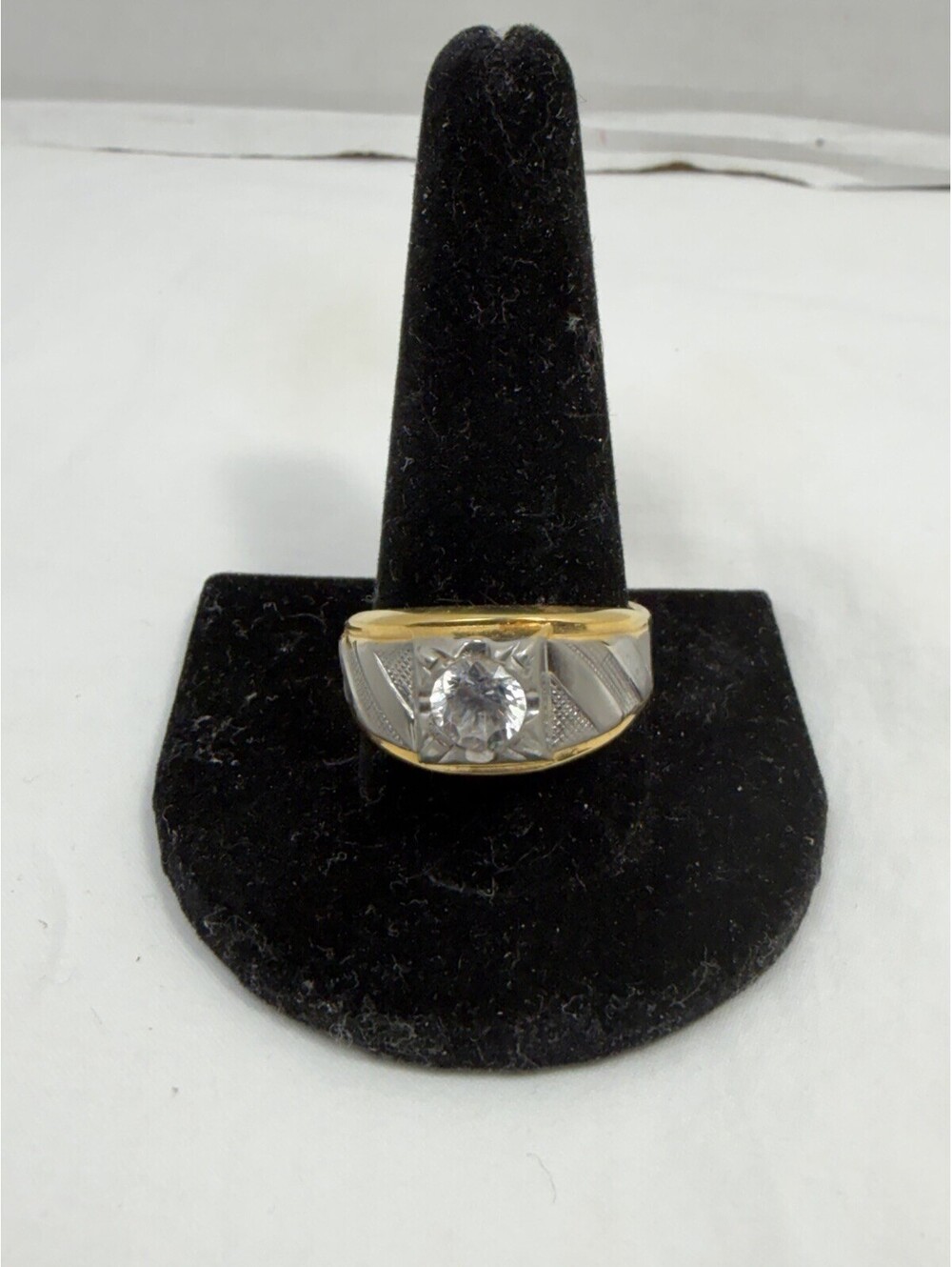 Vintage Men's LIND 14K HGE Two-Tone Cubic Zirconia Art Deco Ring Size 12.75